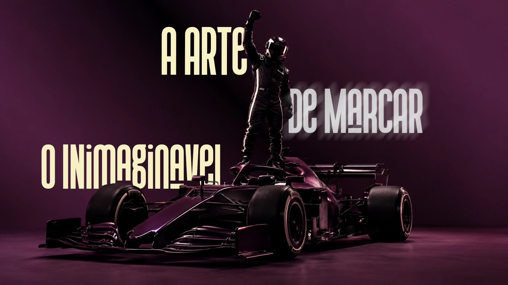 Carro de corrida vinho e piloto, em composição editorial com a frase A arte de marcar o imaginário